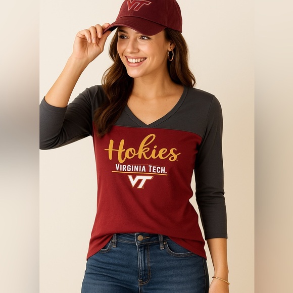 Virginia Tech Hokies Women’s Long Sleeve V-Neck Shirt Small Maroon Gray NCAA VT - Picture 1 of 9